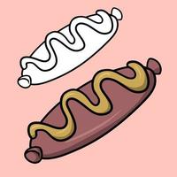 Coloring book set, Delicious juicy sausage, grilled and sprinkled with mustard, vector cartoon illustration on pink background