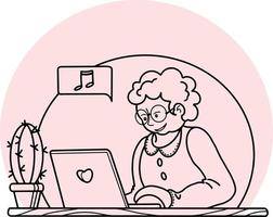 Vector illustration. A happy grandmother is sitting at home on a computer, there is a cactus on the table