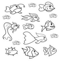 A large set of cartoon happy fish from the aquarium and the ocean, Exotic fish, Vector monochrome illustration, coloring book.