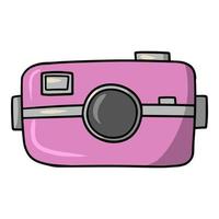 Pink photo camera with lens, for travel, cartoon vector illustration on white background