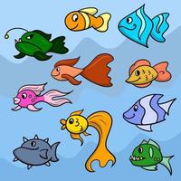 A large set of colorful cartoon happy fish from the aquarium and the ocean, exotic fish, vector illustration on a colored background