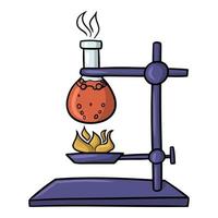 Chemical experiment with heating solution, glass flask with boiling liquid, vector illustration in cartoon style on a white background