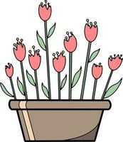 Pink tulips grow in a brown ceramic pot, vector illustration on a transparent background