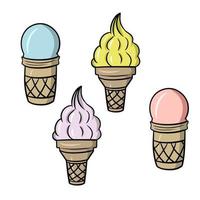 A set of colored pictures. Delicious Sweet cold dessert, fruit ice cream in a waffle cup, cartoon vector illustration on a white background