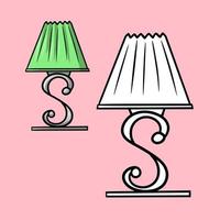 Table lamp with a green shade in cartoon style, vector illustration on a light pink background. A set for a coloring book.