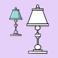 A set of pictures for a coloring book, a table lamp for home and office with a blue shade, a cartoon-style drawing, a vector illustration on a lilac background