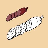 A set of pictures for a coloring book, a delicious pink piece of sausage with bacon, cut into pieces, vector cartoon illustration on a beige background