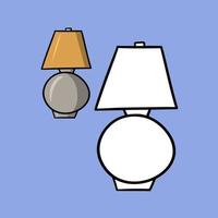 lámpara de mesa redonda con sombra naranja en estilo de dibujos animados, ilustración vectorial sobre un fondo azul claro. un conjunto para un libro para colorear. vector