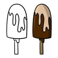 un juego de deliciosos postres fríos, helado de chocolate en un palo. ilustración vectorial, estilo de dibujos animados sobre un fondo blanco vector