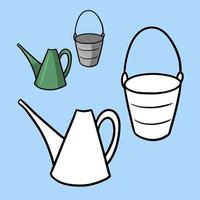 A set for a coloring book. Green cartoon watering can for watering plants and metal bucket, housework and gardening. Vector illustration