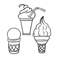 Black and white set of delicious vanilla and fruit ice cream in cartoon style, milkshake with a straw, vector illustration on a white background, coloring book