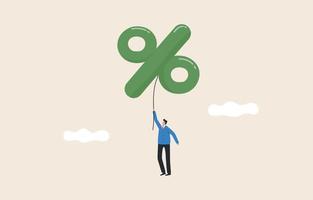 An increase in interest rate percentage or capital gains. Stock market bubble. Conditions for profit from inflation Businessman investors fly with balloons with percentage symbols. vector