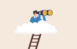 Profit point. Financial goals. Revenue growth or business, organization, company.long-term, short-term and intermediate goals. A businessman climbs a ladder to get a flag atop a high pile of coins. vector