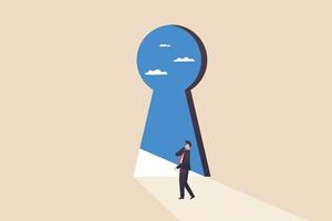 Success concept. Financial freedom. Freedom of thought. Businessman looking through a keyhole door with clear sky view in the room vector