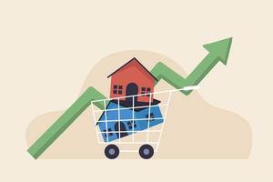 Real estate market price rising up chart. New home purchase. House inside shopping cart trolley. vector