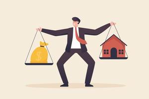 equilibrar los costos de la vivienda. hombre de negocios que equilibra el dólar y la casa. vector