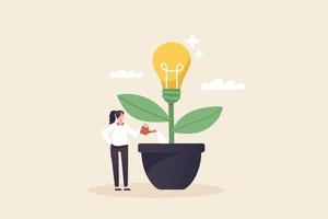 Sark new ideas that affect the business or company. create new opportunities. invent new innovation. Woman watering the light bulb tree. vector