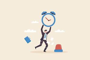 The urgency of business project deadlines. Dealing with stressful times.Businessman running with clock in hand. vector