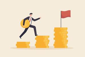 Start saving to meet your financial goals.A businessman running on a pile of coins symbolizes business growth. vector