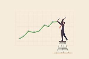 adjustments, Modifying investment portfolio from stock market crash,making bullish run concept.  Businessman climbing up on a ladder to adjust an uptrend graph chart on a wall.