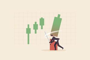 Stop Loss, Stock Market Crisis, Currency Crisis, Market Volatility. Businessmen use swords to cut candlesticks to stop losing profits. vector