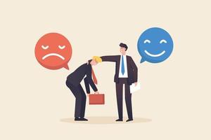 Positive thoughts, negative emotions, bad experiences. The customer or colleague is not happy. optimistic, compassionate attitude. Leader comforts his subordinates. vector