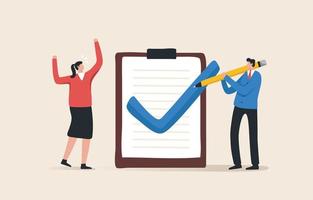 Checklist of completed tasks, achievements, or projects. Manager and Employee standing near clipboard with checkmark approval. vector