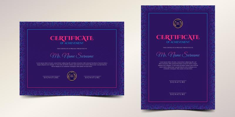 blue and magenta certificate of achievement border template with luxury badge and dots pattern