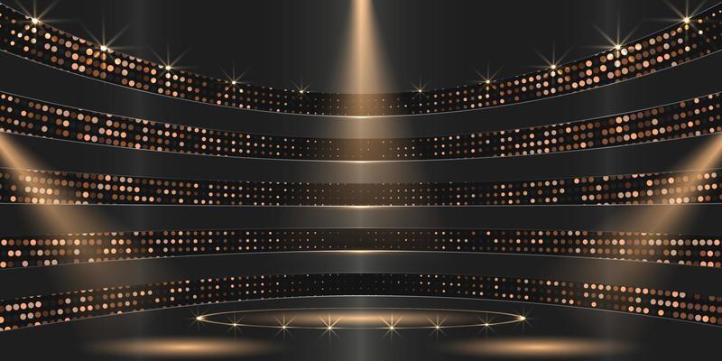 Award backdrop empty stage with golden sparkle and spotlight