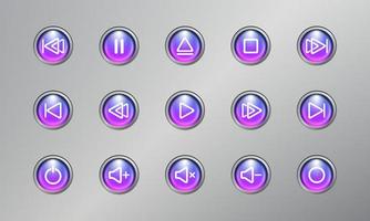 Media player button icon control set 3d realistic modern blue and purple color with silver background vector