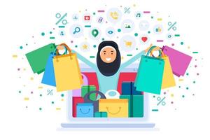 Mujer musulmana de compras en línea mantenga bolsas desde el portátil vector