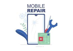 Mobile Repair of a Telephone or Smartphone Electronics Service with Broken Screen and Machine Breakdown in Flat Cartoon Illustration vector