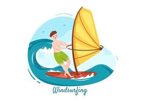 windsurf de verano de actividades deportivas acuáticas ilustración de dibujos animados con paseos en las olas apresuradas o flotando en una tabla de remo en estilo plano vector