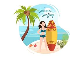 Summer Surfing of Water Sport Activities Cartoon Illustration with Riding Ocean Wave on Surfboards or Floating on Paddle Board in Flat Style vector