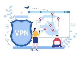 vpn o servicio de red privada virtual ilustración vectorial de dibujos animados para proteger, seguridad cibernética y asegurar sus datos personales en teléfonos inteligentes o computadoras vector