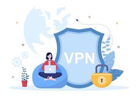 vpn o servicio de red privada virtual ilustración vectorial de dibujos animados para proteger, seguridad cibernética y asegurar sus datos personales en teléfonos inteligentes o computadoras vector