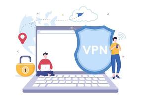 vpn o servicio de red privada virtual ilustración vectorial de dibujos animados para proteger, seguridad cibernética y asegurar sus datos personales en teléfonos inteligentes o computadoras vector