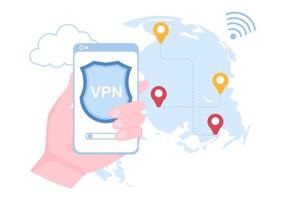 vpn o servicio de red privada virtual ilustración vectorial de dibujos animados para proteger, seguridad cibernética y asegurar sus datos personales en teléfonos inteligentes o computadoras vector