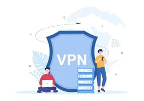 vpn o servicio de red privada virtual ilustración vectorial de dibujos animados para proteger, seguridad cibernética y asegurar sus datos personales en teléfonos inteligentes o computadoras vector