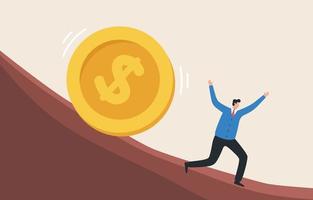 Financial mistakes or investment, stock market risk. Currency exchange rate fluctuations.Businessman running away from big dollar coin. vector