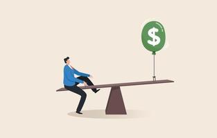 Financial balance adjustment. Adjusting interest rates to solve the problem of inflation. A young man sits on a seesaw to balance inflation. vector