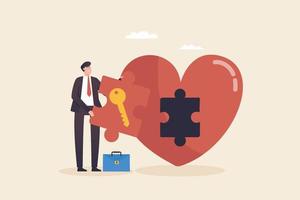 Unlock the heart of your business. Look for new opportunities. businessman holding a key to unlock the heart. vector