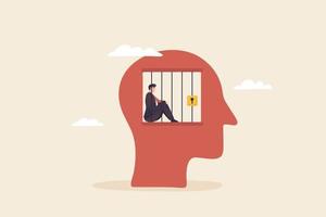 Man or Businessman imprisoned inside his idea, business abstract. lack of self confidence.fear the thoughts of others. vector