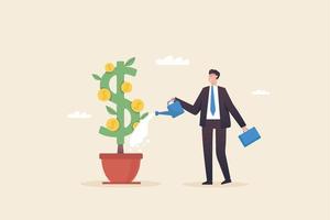 Growing Money. Investment growth. Profits from the stock market. Career growth.  Businessman watering  Investment  plants. vector