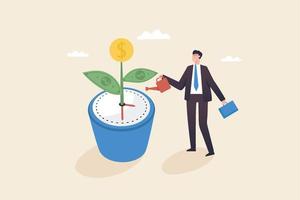 Time management for short and long investments. Time Period for Investment Portfolio. Long term investment with financial profit in future. Businessman watering Investment plants. vector