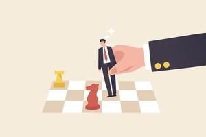 Strategy or business planning.Competition and business opportunities. Big hands use small businessmen to playing chess. vector