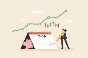 stock de ahorro, dca, promedio de costo en dólares o inversión de costo promedio. invertir en ahorros mensualmente, trimestralmente. los inversores registran la fecha de ahorro de acciones en el calendario. vector