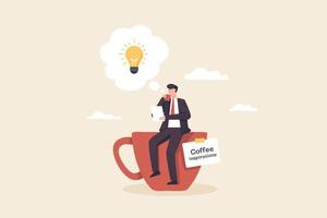 inspiraciones de café, el café siempre es una buena idea. tiempo de pausa para el café para relajarse. un hombre de negocios o empleado se sienta y bebe café en una taza gigante. vector