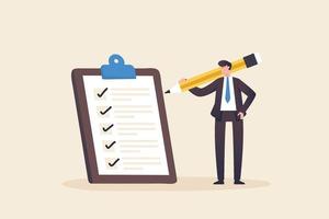 check documents check list Sign documents or business certificates, contracts.Businessman holding pencil at big complete checklist with tick marks. vector