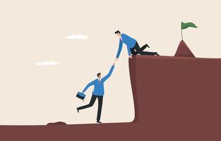 Teamwork support.Working together to achieve goals, cooperation.A business man helping an employee climb a steep cliff by hand. vector